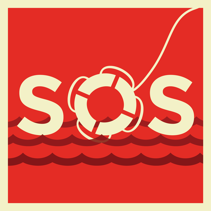 Illustration of SOS letters floating in the water. The "O" in SOS made out of a life buoyant.