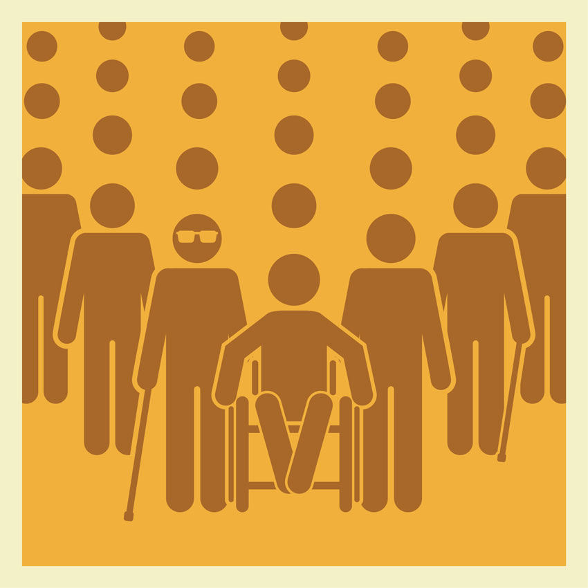 Illustrasjon av nødutgang mennesker som kommer gående i formasjon, i front en person med med stokk og briller, en person i rullestol. Taktil merking og universell utforming av bygg.
