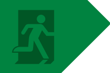 Illustrasjon nødutgangman på grønn bakrgrunn formet som pil.
